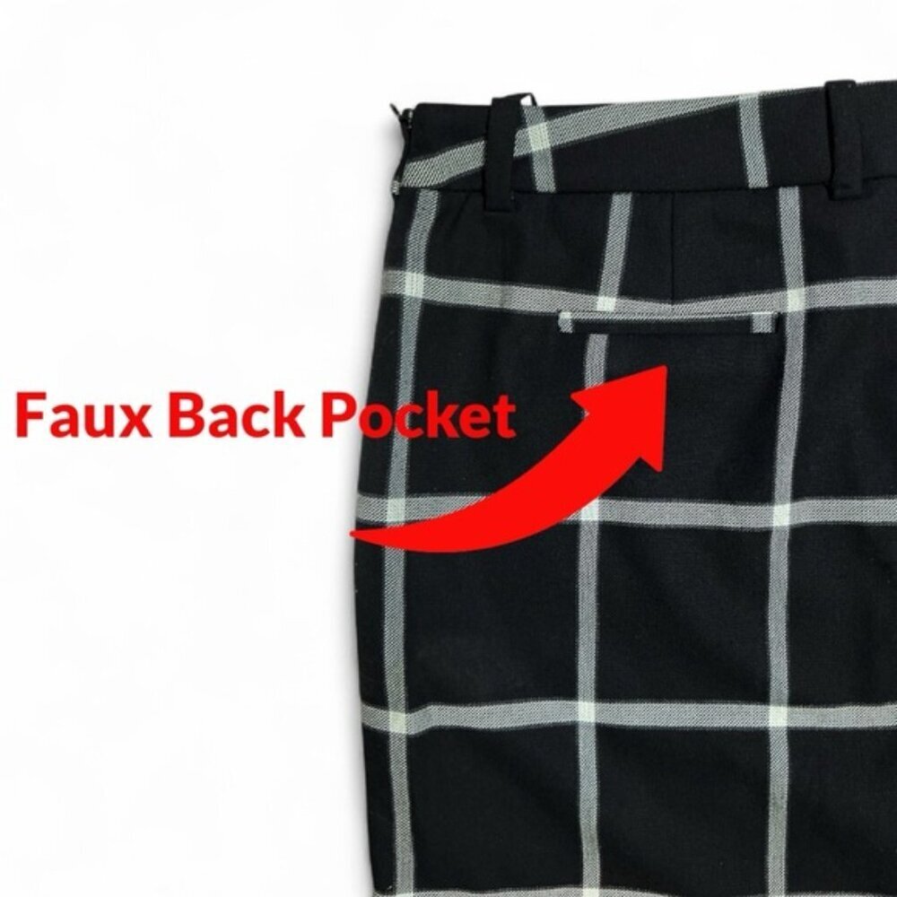 MNG Windowpane Plaid Skirt Faux Leather Trim Pockets Black White Gray Size 10 - Picture 4 of 15